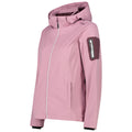 A pink waterproof jacket stands upright featuring a zip closure and a hood with a zippered pocket on the sleeve providing functionality for outdoor activities in cool weather.