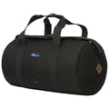 A black duffel bag with two sturdy handles and a rectangular shape is positioned upright showcasing its zippered closure and brand logo on the side.