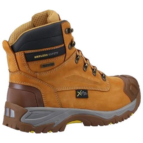 A brown safety boot stands upright showcasing its design features including metal eyelets and a reinforced toe area suitable for rugged outdoor conditions and occupational safety