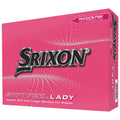 A bright pink box labeled Srixon contains golf balls designed specifically for women showcasing superior soft feel and longer distance features with a visually appealing design and branding elements.