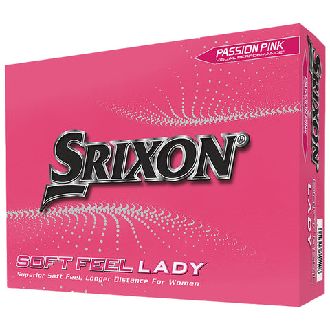 A bright pink box labeled Srixon contains golf balls designed specifically for women showcasing superior soft feel and longer distance features with a visually appealing design and branding elements.