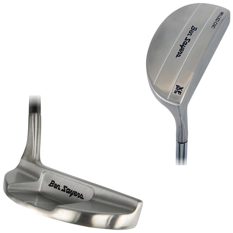 A silver golf putter rests horizontally showcasing its flat face and rounded top while brand markings are visible indicating Ben Sayers as the manufacturer and the model details.