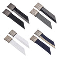 Four pairs of metal belt buckles with textile straps are displayed in two rows showcasing various colors including black gray white and navy blue each strap features a pointed end and a logoed buckle.