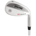 A golf wedge with a shiny metal finish is positioned to showcase its angled face and shaft The brand Spalding is visible along with markings indicating 56 degrees and spin milled technology