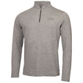 A gray long-sleeve shirt with a quarter-zip collar is displayed front-facing the logo Calvin Klein is visible on the upper left chest in subtle stitching.