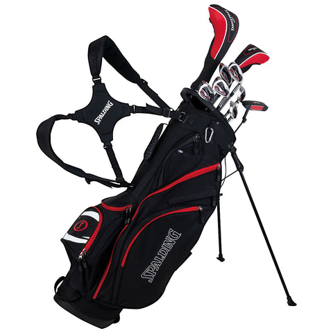 A black and red golf bag stands upright with clubs protruding from the top the bag features a carrying strap and multiple zippered pockets for storage.