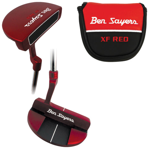 A red golf putter rests alongside a black and red carrying cover labeled Ben Sayers XF RED showcasing its sleek design and flat face while suggesting use on a putting green.