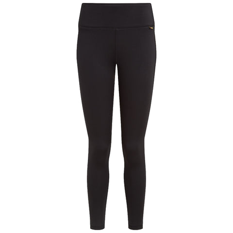 Black leggings with a high waistband are shown standing upright against a plain background emphasizing their sleek design suitable for exercise or casual wear