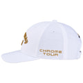 A white baseball cap features gold embroidered text reading "Chrome Tour" and a logo on the front left side while showing a structured, panelled design suitable for sports or casual wear.