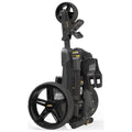 A compact golf trolley stands upright featuring two large wheels and a sturdy handle its design emphasizes portability and ease of use in a golfing context.