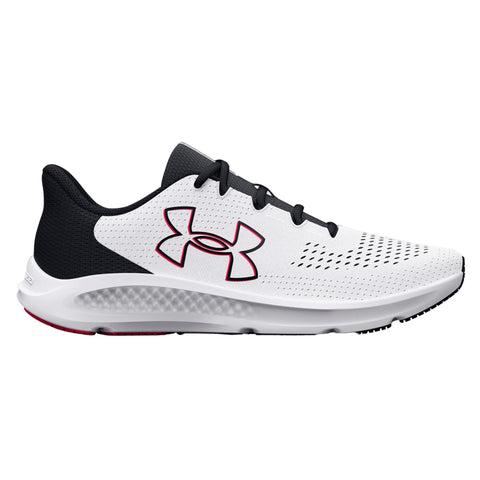 A white and black athletic shoe sits on a flat surface with a textured upper for breathability and a cushioned sole designed for comfort during physical activity.