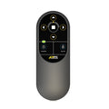 A gray remote control with a black interface features directional buttons and a power button. It is likely designed for operating a device in a home or recreational context.