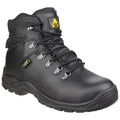 A black safety boot features a high top and durable leather material with metal eyelets for laces support designed for protection in rugged environments and work settings.