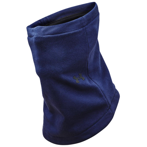 A navy blue fleece neck gaiter sits upright with a soft texture displaying a black logo on the side designed for warmth in cold environments.