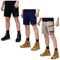 Three pairs of shorts in black navy and beige are displayed alongside hiking boots. The shorts feature side pockets and are worn by a model standing in a neutral background.