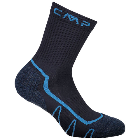 A black sock with blue accents features a ribbed texture and cushioning. It is designed to fit snugly, potentially suitable for outdoor activities or sports use.