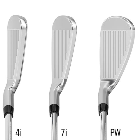 Three golf clubs are displayed side by side with their heads visible The clubs are labeled 4i 7i and PW indicating their designations for different shot types in golf