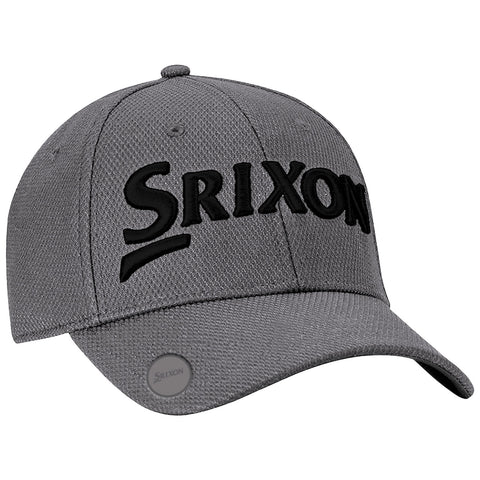 A gray baseball cap features black embroidered lettering spelling "Srixon" prominently on the front with a rounded crown and a curved bill suitable for outdoor wear