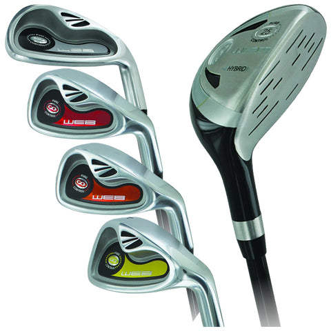 A set of four golf clubs is displayed with the hybrid club on the right and iron clubs to the left showcasing sleek silver heads and distinct colored markings for identification.