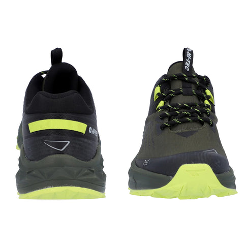 A pair of athletic shoes showcases a black and green design with laces and a pull tab on the heel positioned against a plain white background emphasizing their features.