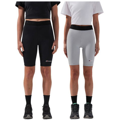 Two pairs of women's shorts are displayed side by side, one black and one gray. They are fitted, reaching mid-thigh, worn with black socks and shoes.