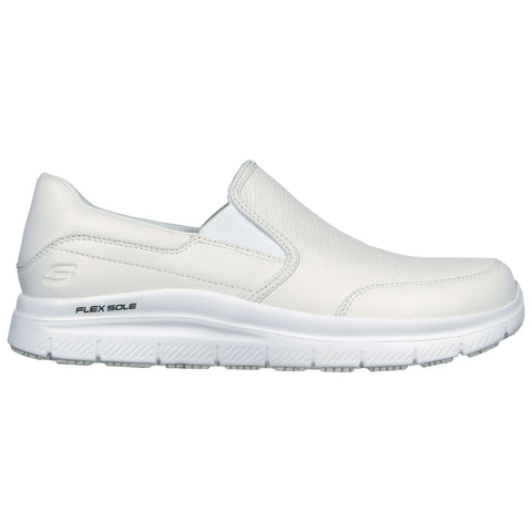 A white slip-on shoe is displayed on a plain background showcasing a smooth leather upper and a flexible sole labeled FLEX SOLE designed for comfort and ease of wear.