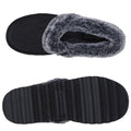 A pair of black slippers is shown with a grey fur lining and a textured sole lying flat on a white background with the open side facing up.