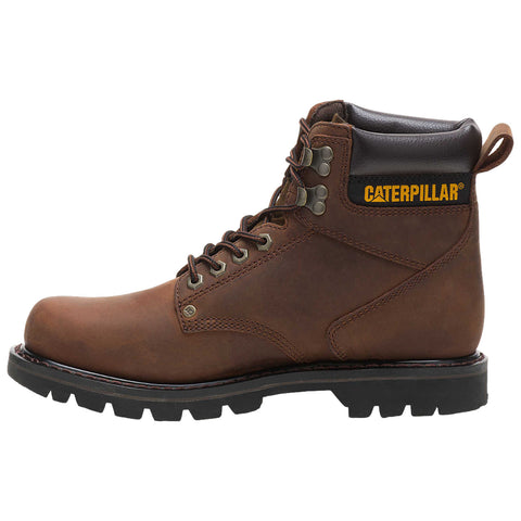 Brown work boot with metal eyelets and laces stands upright showcasing a rugged sole and padded collar in a neutral setting promoting durability and utility for various outdoor activities