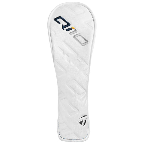 A white golf club head cover rests upright showcasing a smooth surface with a textured pattern and brand logo while surrounded by a plain background indicating it is displayed for sale or presentation.