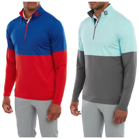 Two men wear long-sleeve pullover shirts in contrasting colors one with blue and red sections the other in light blue and gray both are paired with light gray pants