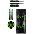 Three black and green dart shafts are arranged with three matching flight tips and a black carrying case that has a green pattern, displaying a complete set for darts.