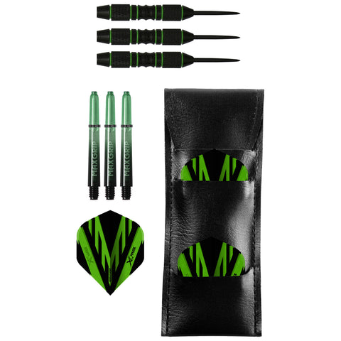 Three black and green dart shafts are arranged with three matching flight tips and a black carrying case that has a green pattern, displaying a complete set for darts.