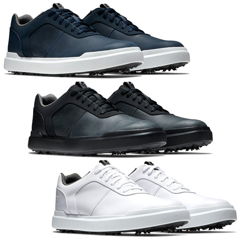 White athletic shoes are displayed prominently with a smooth design featuring a lightweight upper and rubber spikes on the sole suggesting suitability for golfing or outdoor activities