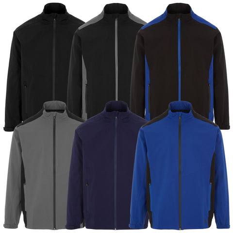 Six jackets are displayed in a grid pattern showing different colors including black gray navy and blue with contrasting details featuring zippers and high collars suitable for outerwear in casual or outdoor settings