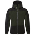 A zippered jacket with a hood features an alternating color scheme of dark green and black showcasing two zippered pockets on each side designed for outdoor wear.