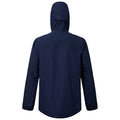 A navy blue jacket with a hood is displayed hanging. The design features long sleeves and a straight cut, suitable for outdoor activities in various weather conditions.