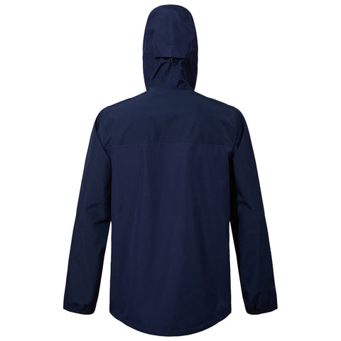 A navy blue jacket with a hood is displayed hanging. The design features long sleeves and a straight cut, suitable for outdoor activities in various weather conditions.