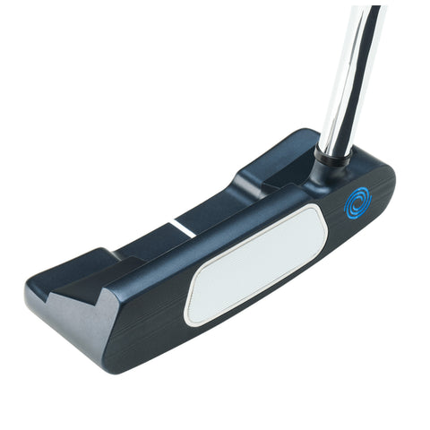 A golf putter lies horizontally showcasing its flat striking face and distinct markings for aim the sleek metal shaft rises from the back designed for precise strokes on a putting green.