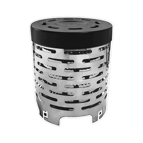 A cylindrical metal container with a black top has cut-out patterns along its sides indicating ventilation. It appears designed for cooking or heating in an outdoor setting.