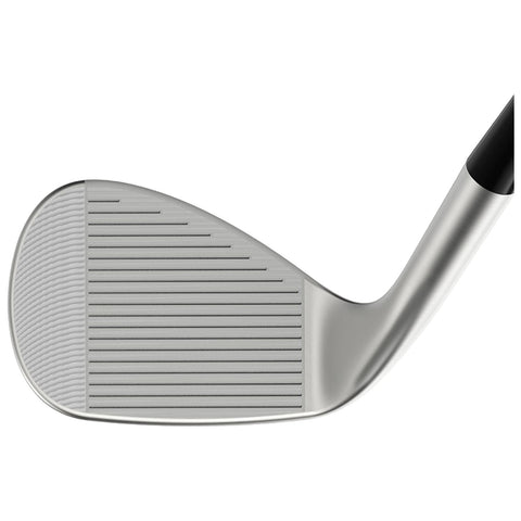 A golf club head is shown with a flat striking surface featuring grooves designed for grip the club is positioned diagonally against a plain background.