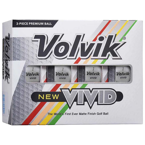 A box containing three premium golf balls is displayed featuring the brand Volvik with the word VIVID prominently highlighted The context suggests a product aimed at golf enthusiasts