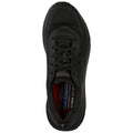 A black athletic shoe is positioned upright showcasing its laces and interior cushioning designed for comfort and support in physical activities set against a plain white background.