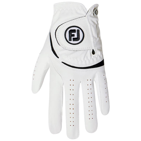 A white golf glove is displayed with a snug fit and perforations for breathability while emphasizing its sleek design made for enhancing grip during play.