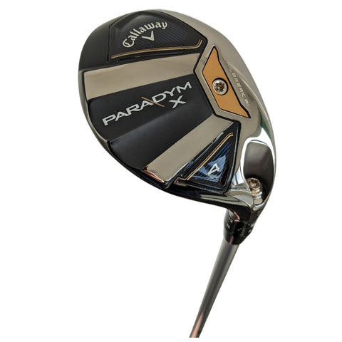 A golf club head is positioned at an angle showcasing its sleek design with labels including Callaway Paradym X and the number 4 on its face against a white background.