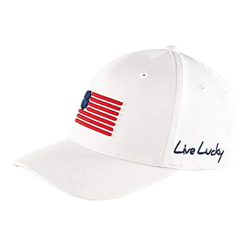 A white baseball cap displays a stylized red and blue American flag design on the front with the words Live Lucky embroidered on the side, ideal for casual outdoor wear.