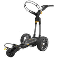 A golf trolley with three large wheels is positioned upright featuring a compact design and adjustable handle for maneuvering on the golf course with ease.