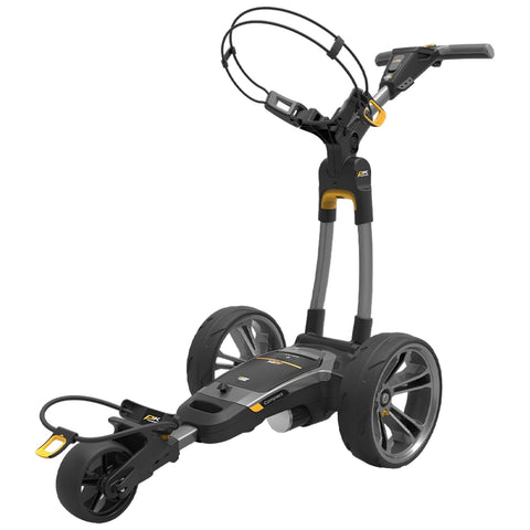 A golf trolley with three large wheels is positioned upright featuring a compact design and adjustable handle for maneuvering on the golf course with ease.