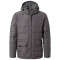 A gray puffer jacket features a hood and a soft inner lining. It has a quilted design with visible stitching and two front pockets, suitable for cold weather wear.