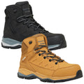 Two pairs of hiking boots are displayed side by side one black and one yellow. Both feature textured materials and prominent laces suitable for outdoor activities.