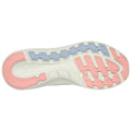 A sneaker's outsole is displayed featuring a pattern of blue and pink rubber sections with grooves designed for traction and flexibility set against a plain white background.